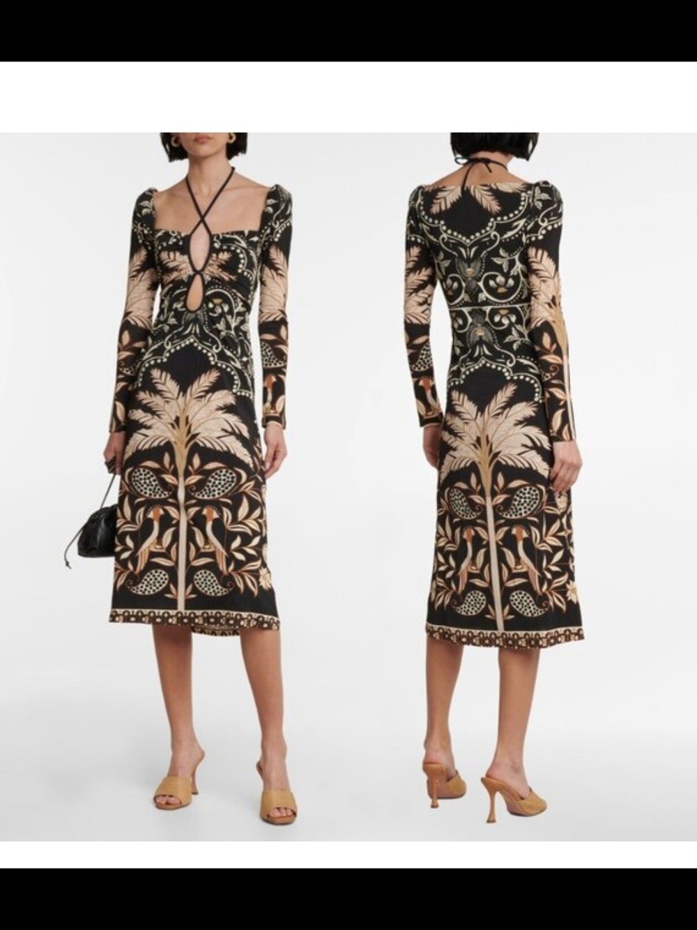 Johanna Ortiz Fables Of The Night Black & Beige Long Sleeve Midi Dress Sz 12